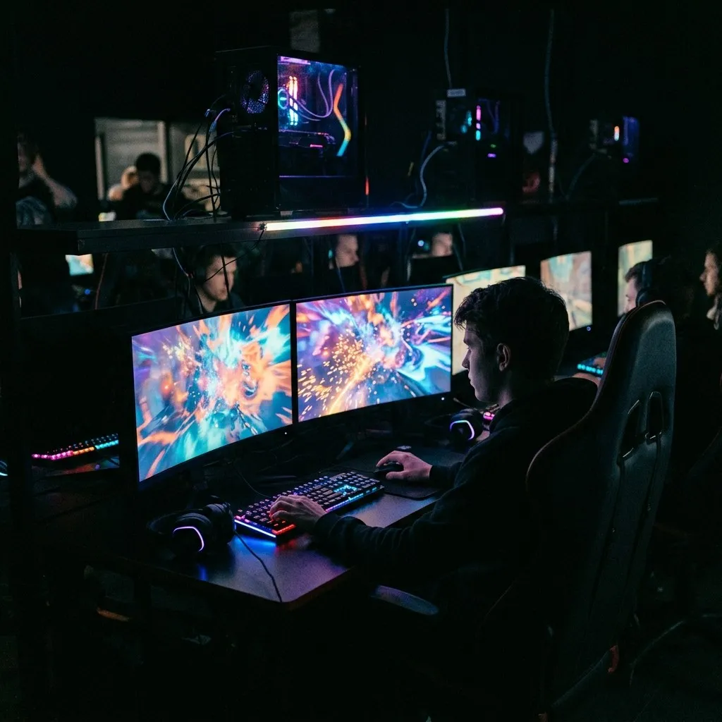 A single gaming station glowing alone in the dark rows