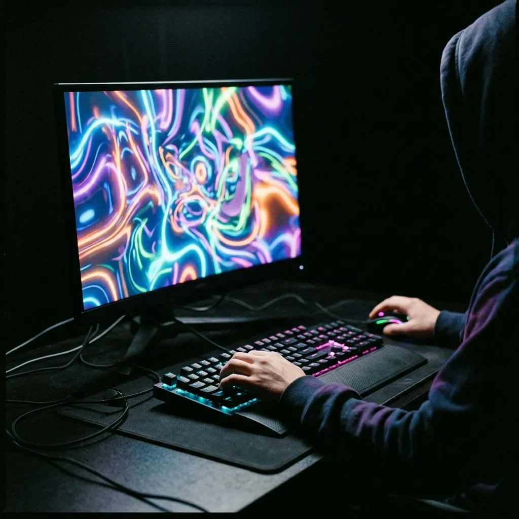 A lit gaming station detail: keyboard, mouse and monitor edge picked out of the dark